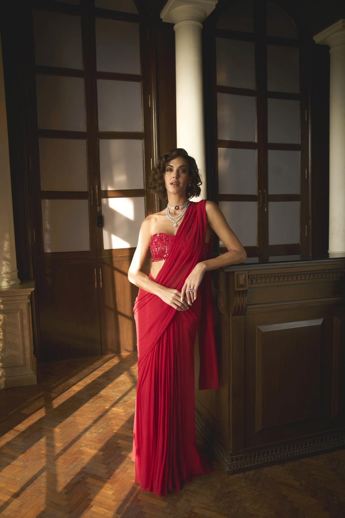 RED BUSTIER SAREE