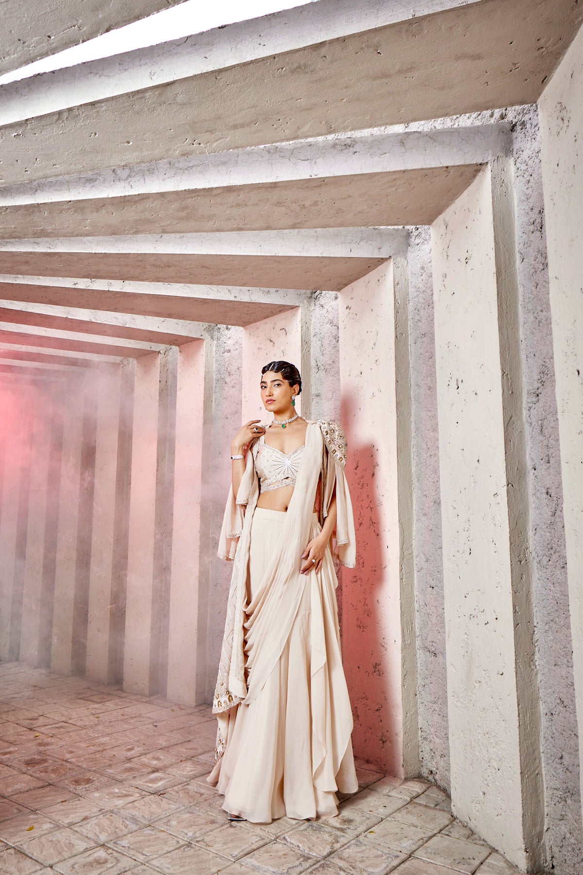 Ivory double draped saree with layered cape