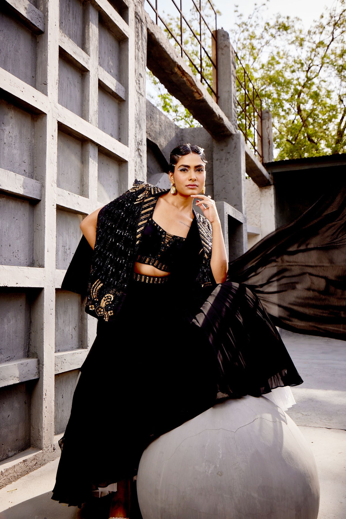 Royal black draped saree lehenga