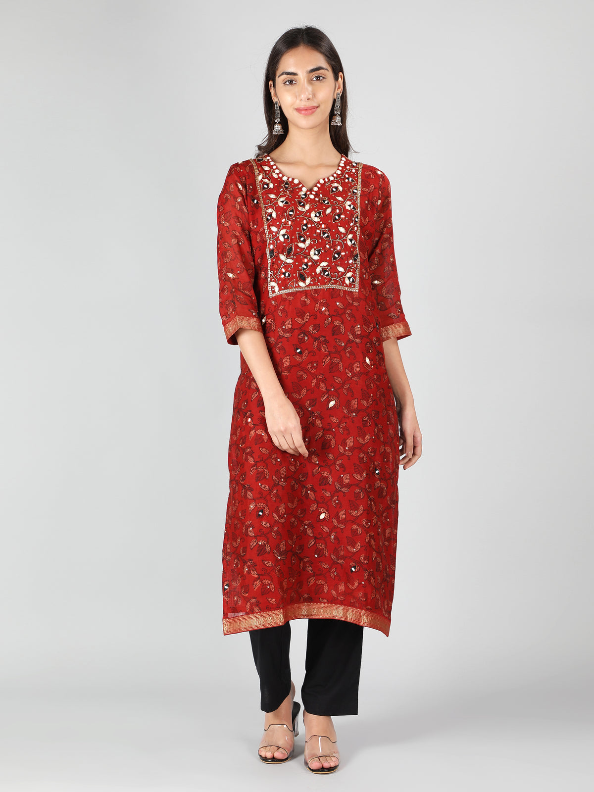 Earthy Foliage Kurta Set with Embroidered Dupatta