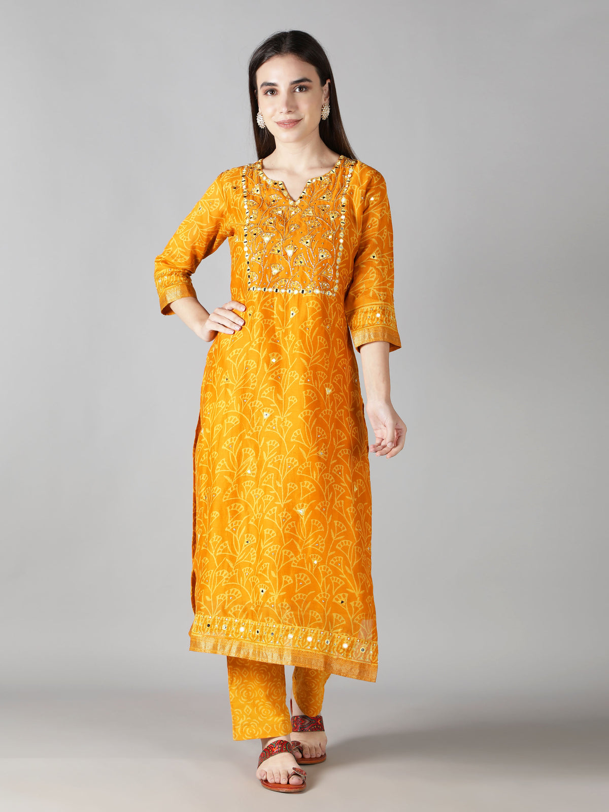 Yellow Floral Kurta Set with Embroidered Dupatta