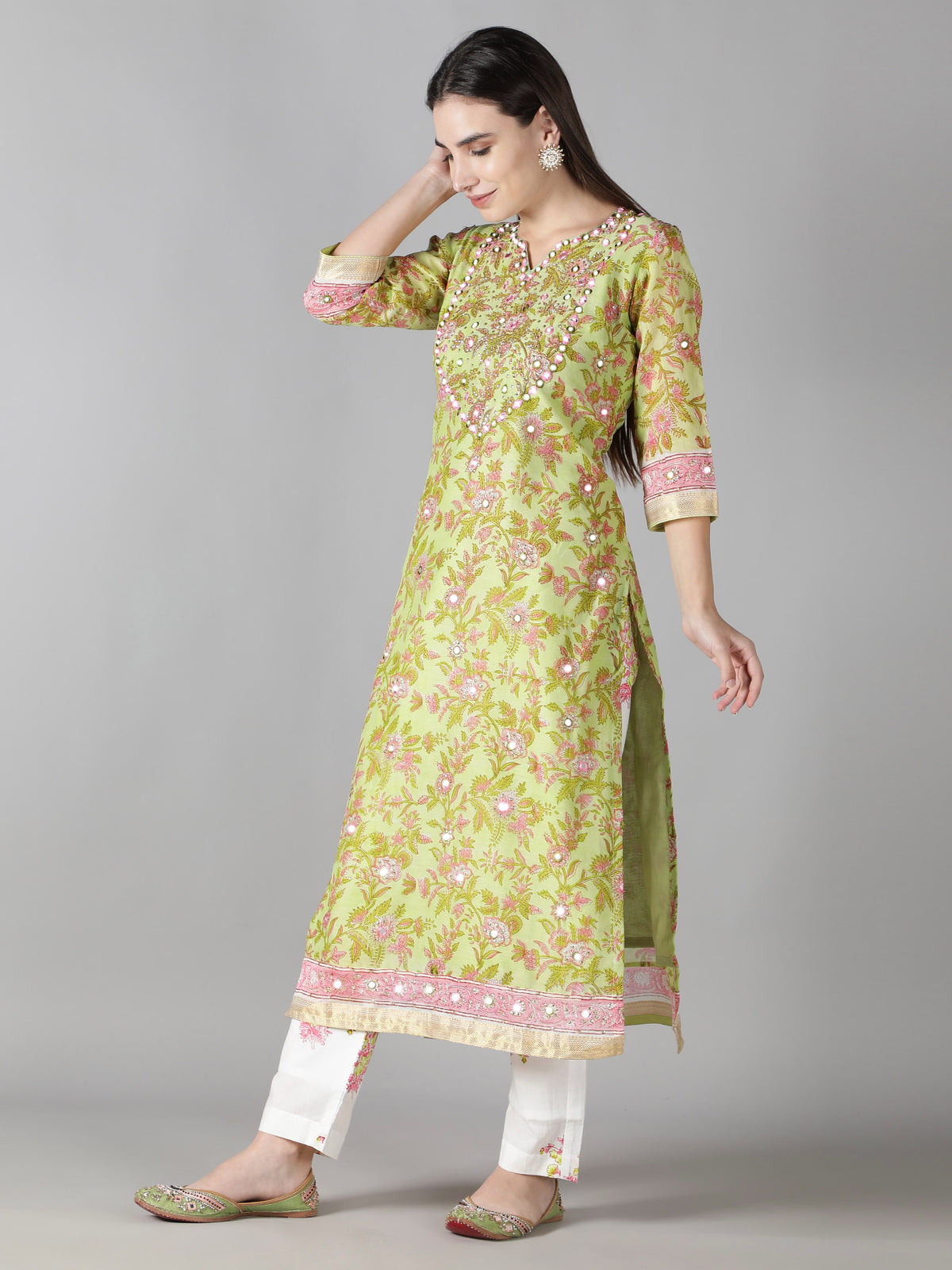 Coral Floral Silk Kurta Set