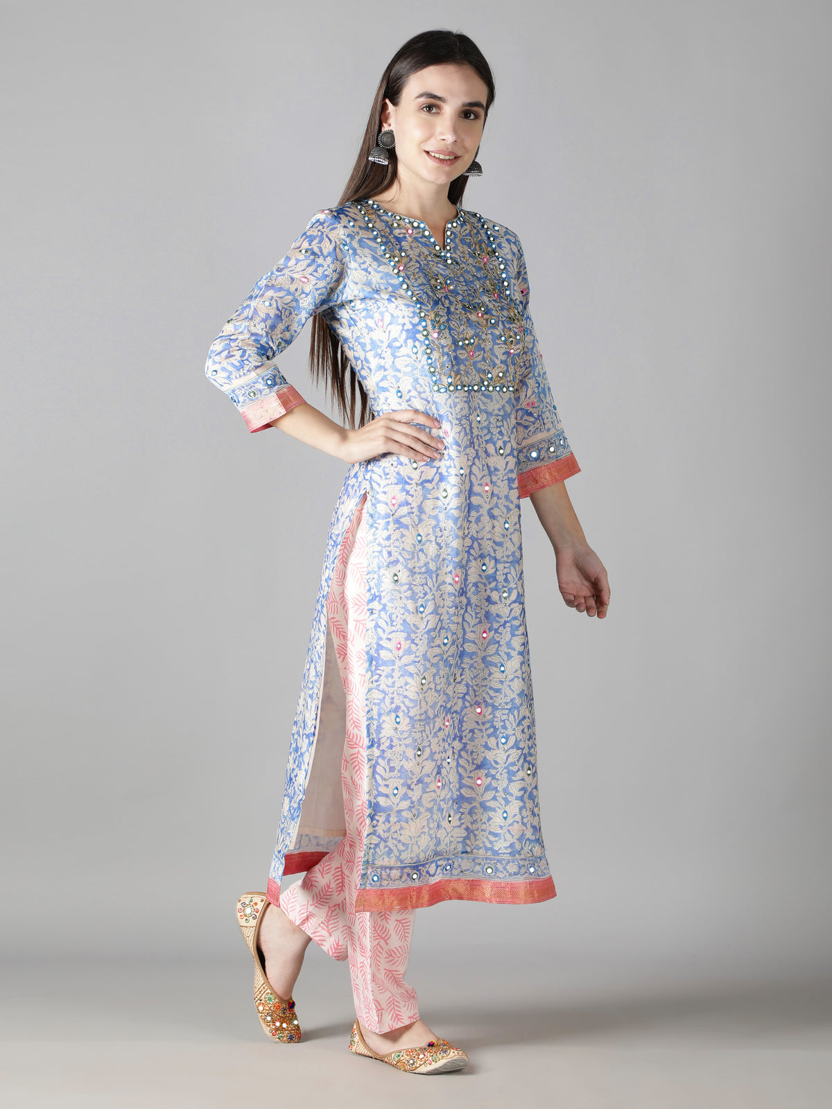 Serene Blue Kurta Set with Pink Accents