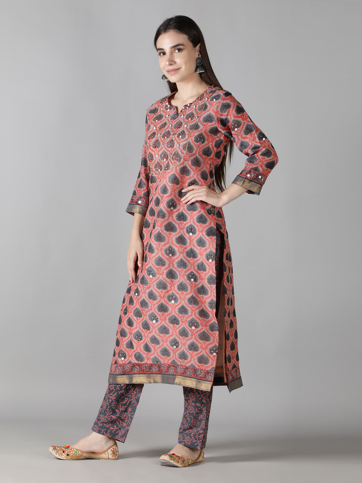 Regal Coral Floral Kurta Set