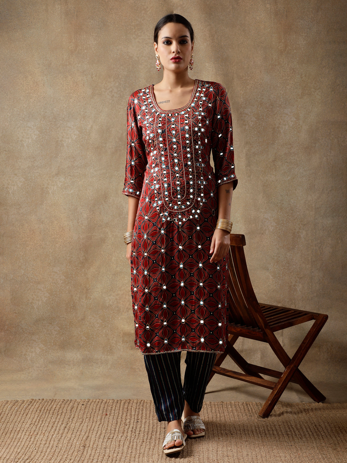 Red Silk Hand-Embroidered Kurta Set with Blue Silk Pants