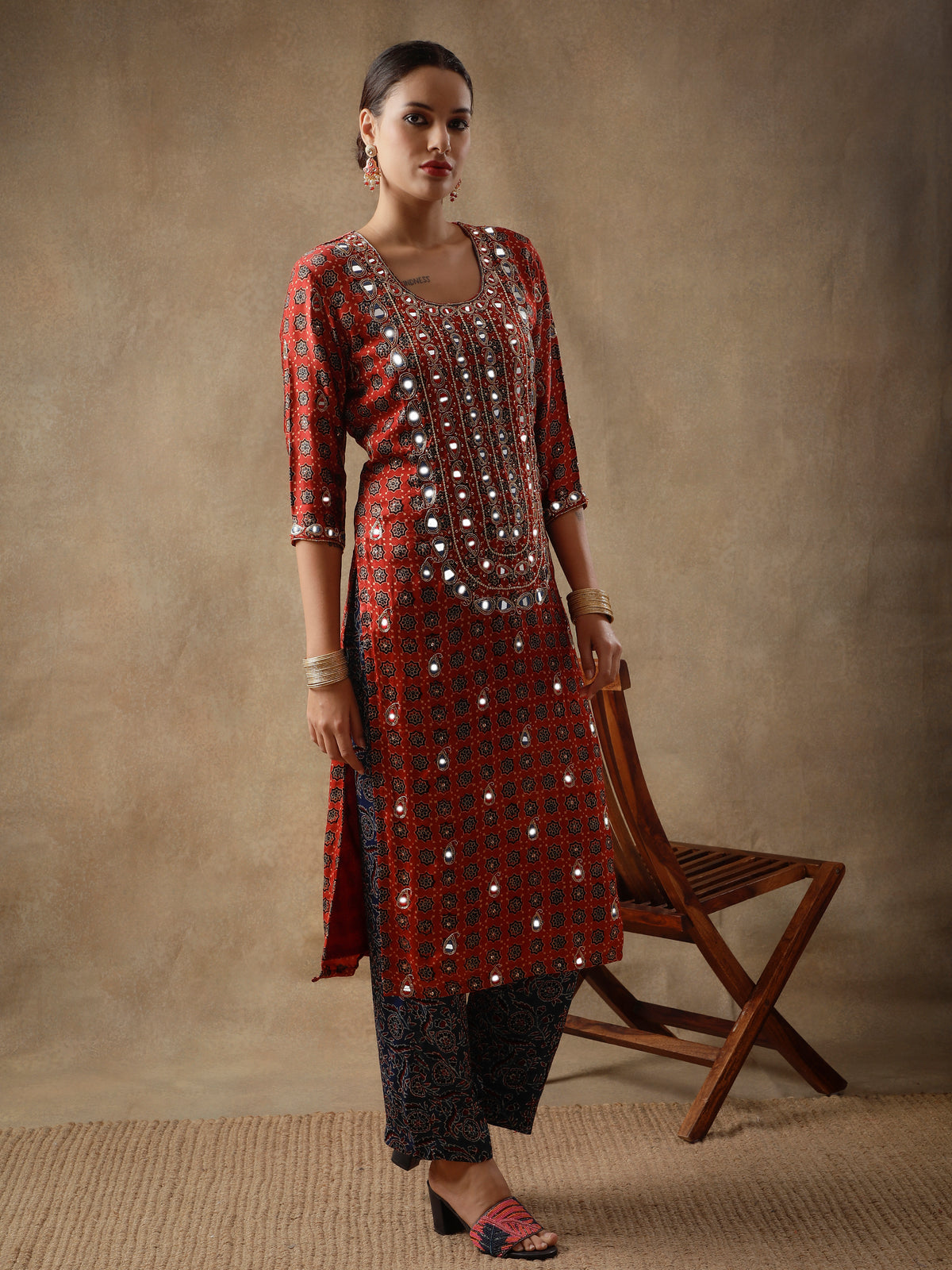 Fiery Red & Blue Silk Kurta Set