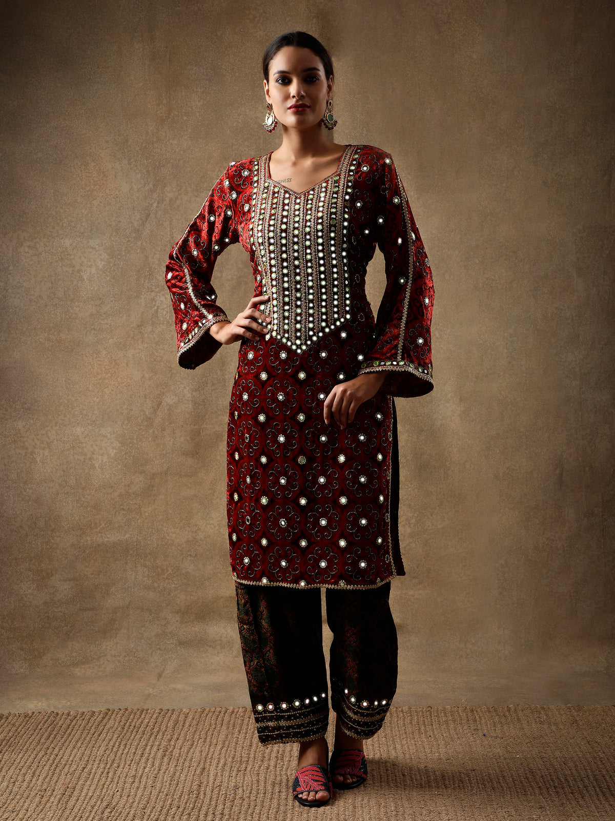 Jewel Toned Crimson Velvet Kurta Set