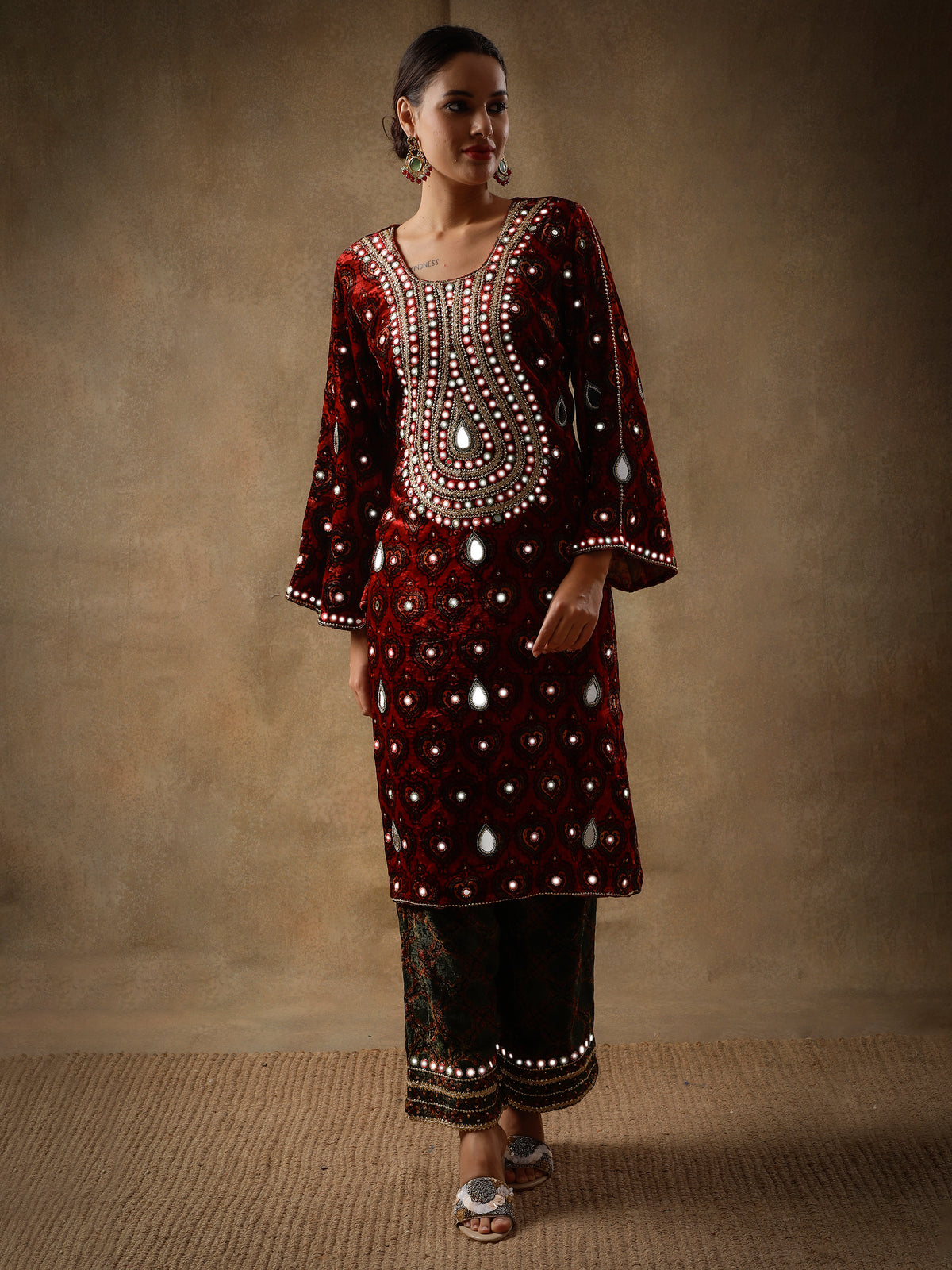 Ruby Velvet Kurta Set with Green Pants and Dupatta