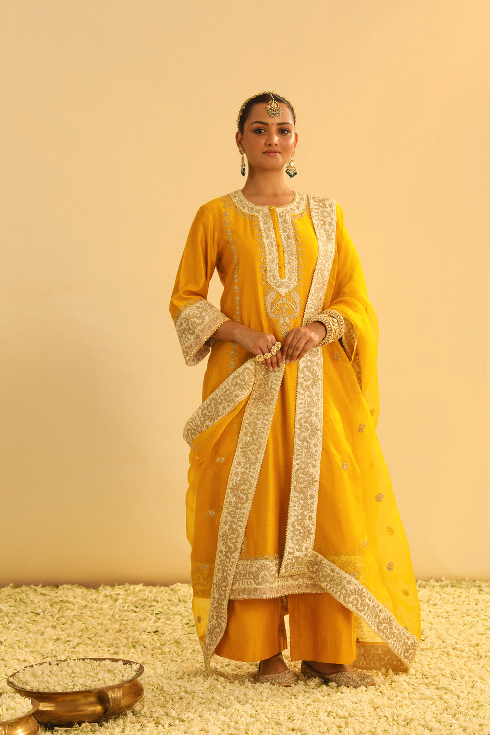 Asmira - Mustard Long Kurta with Palazzo & Dupatta