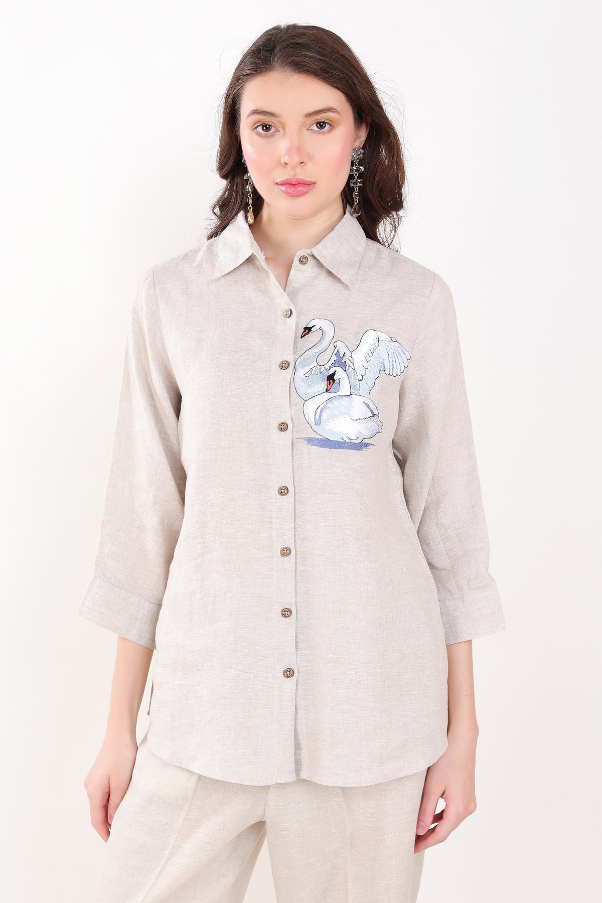 Beige Blue Swan Embroidery Shirt