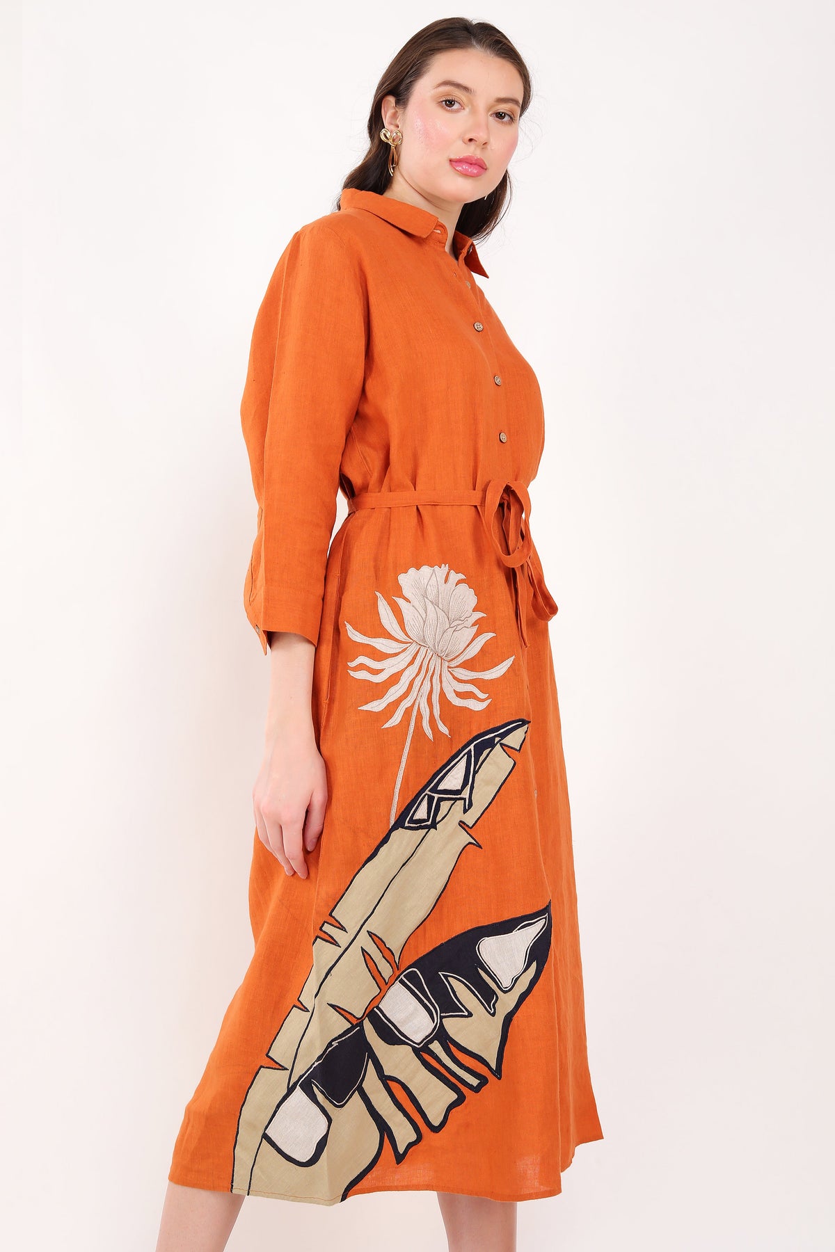 Orange Palm Leaf Embroidered Dress