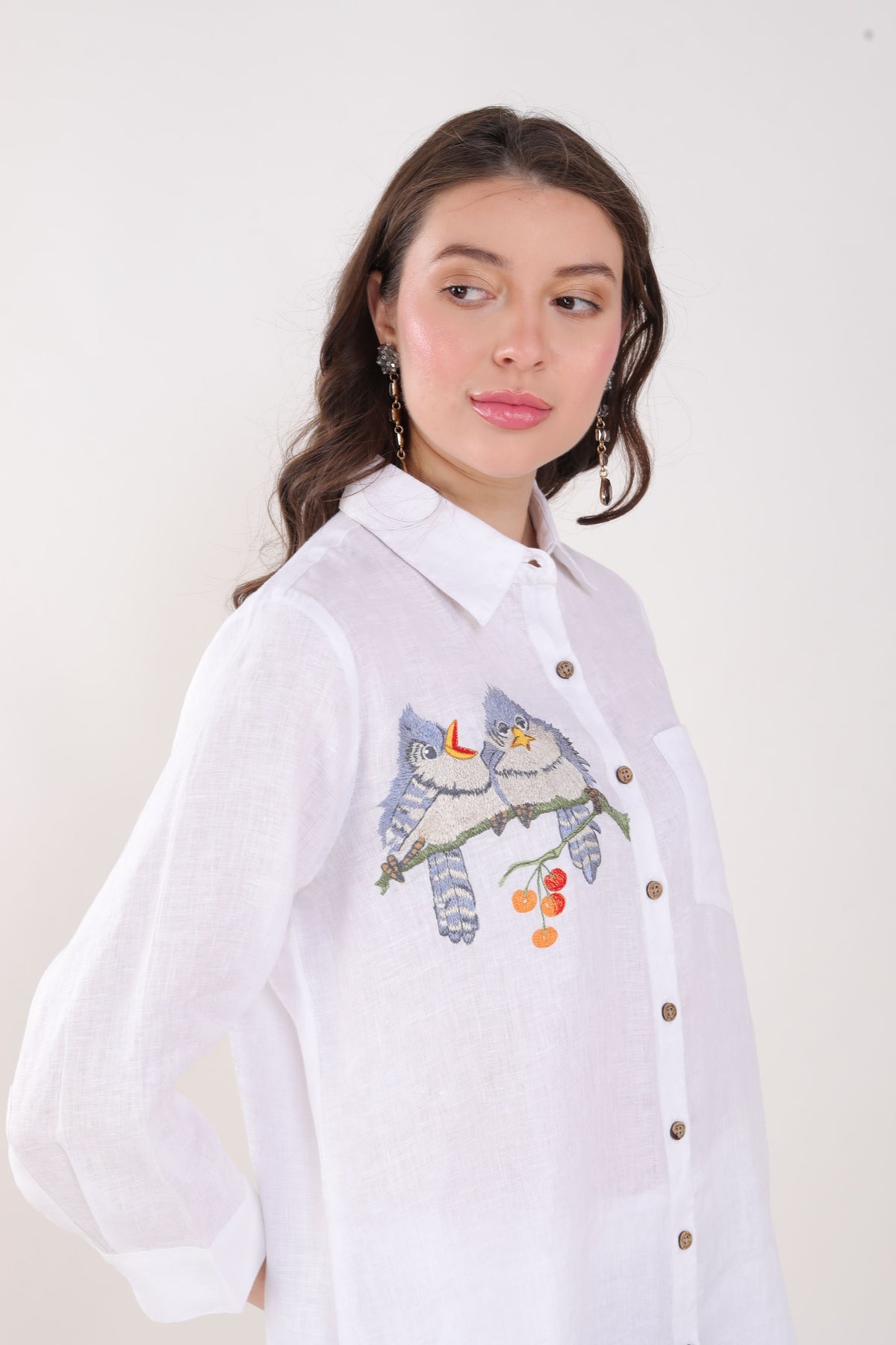 White Shirt Blue Bird Embroidery