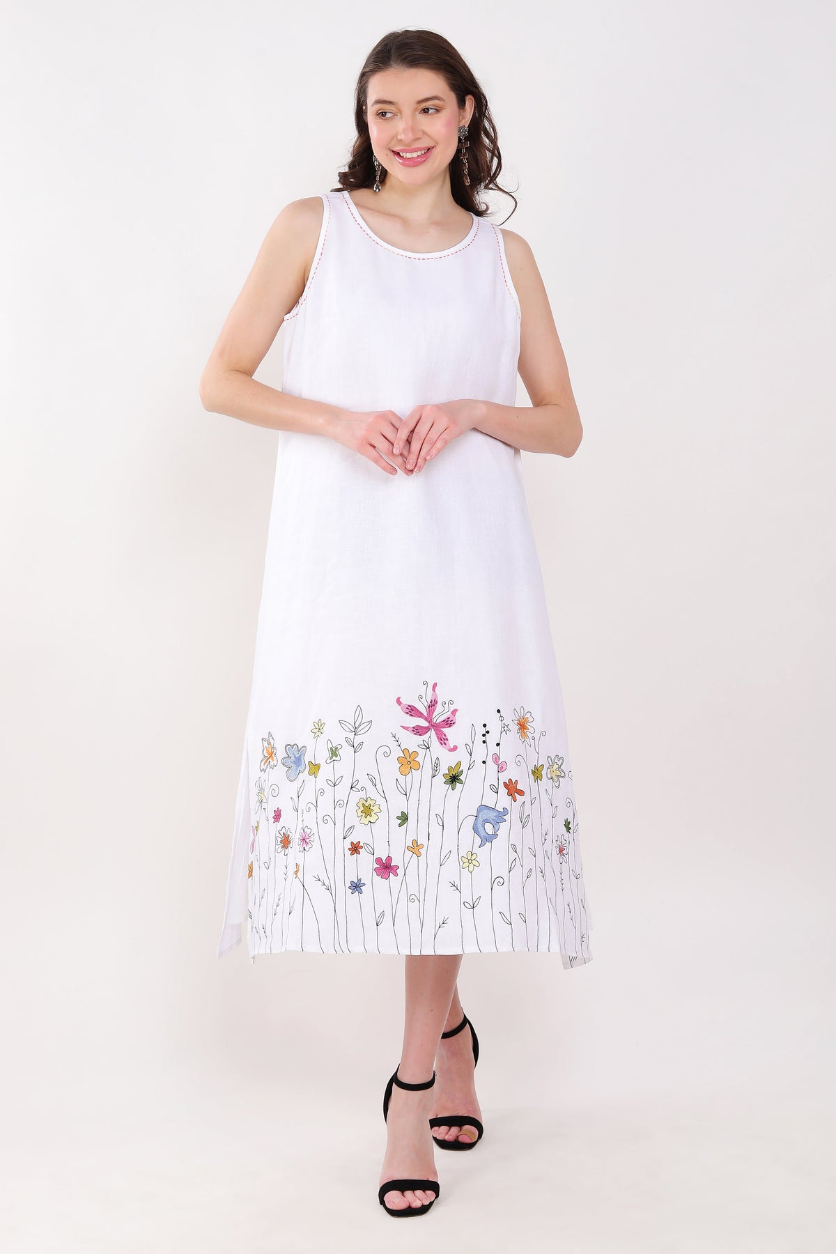 White Sleevless Dress With Floral Embroidery