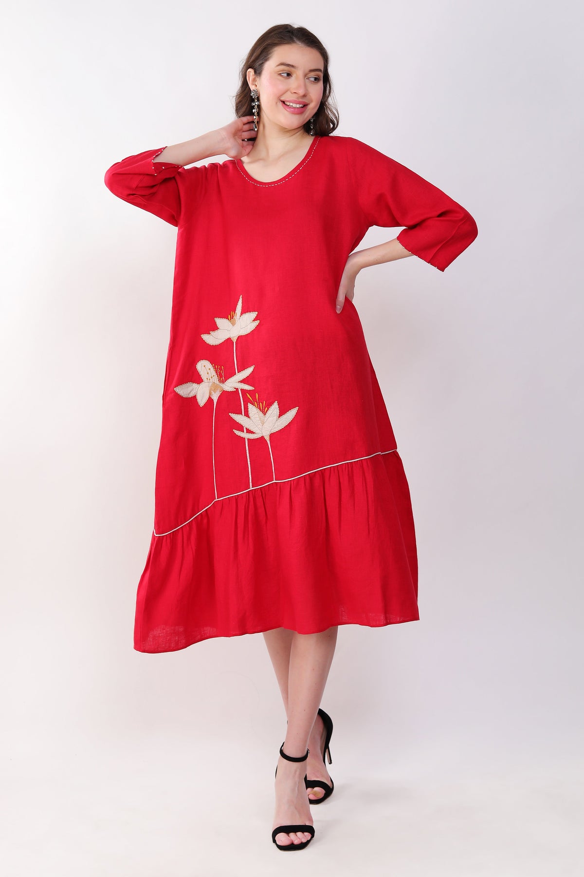 Red Embroidered Floral  Dress