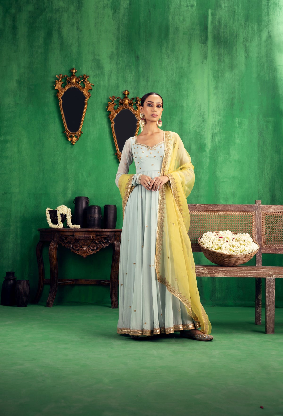 Aqua Yellow Anarkali set