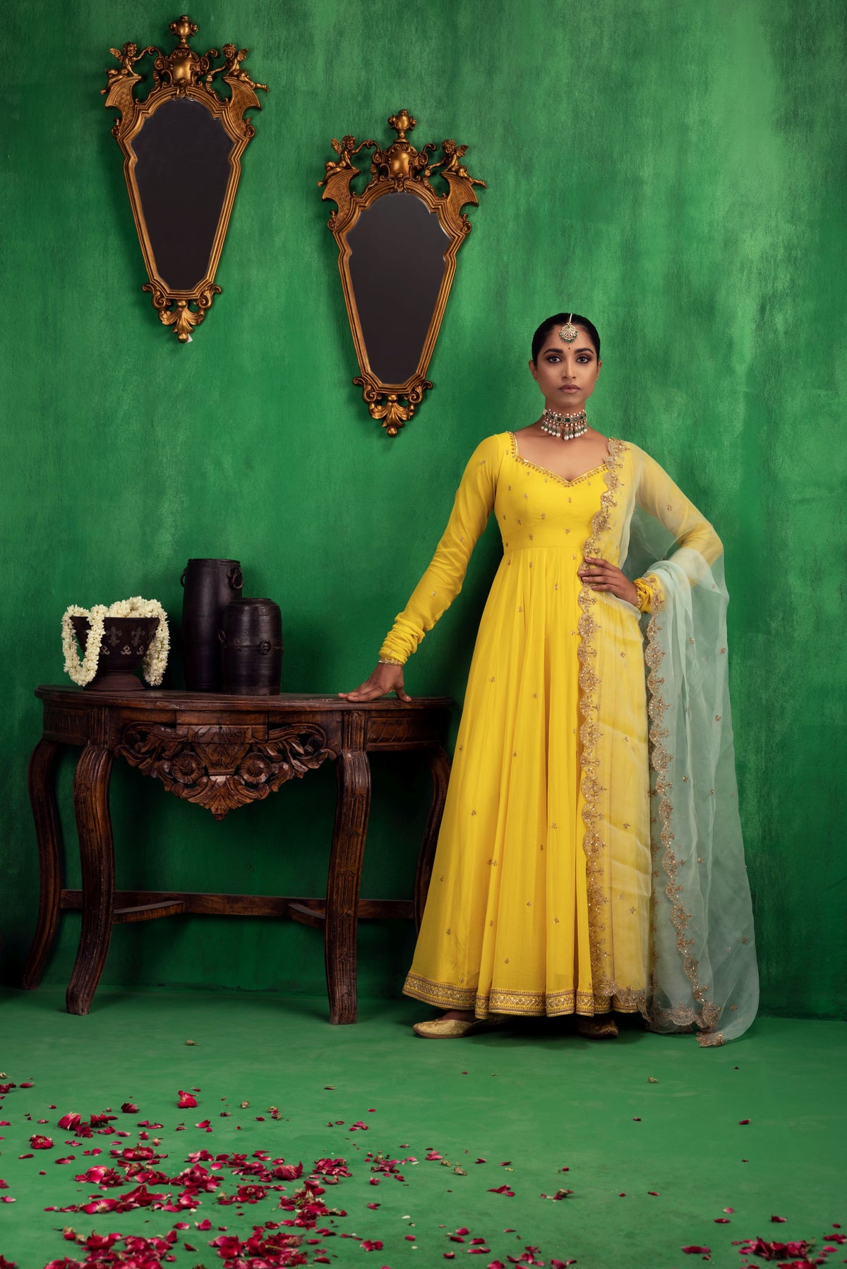 Yellow Aqua Anarkali set