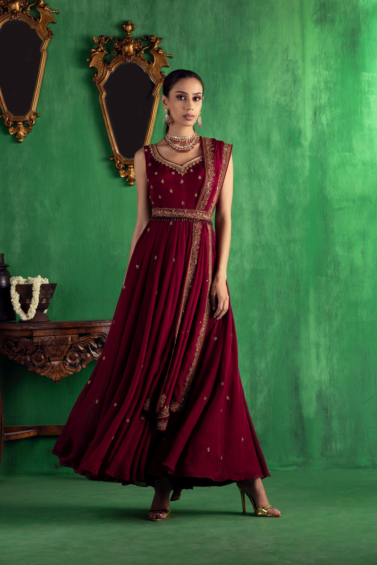 Wine flat chiffon Anarkali set