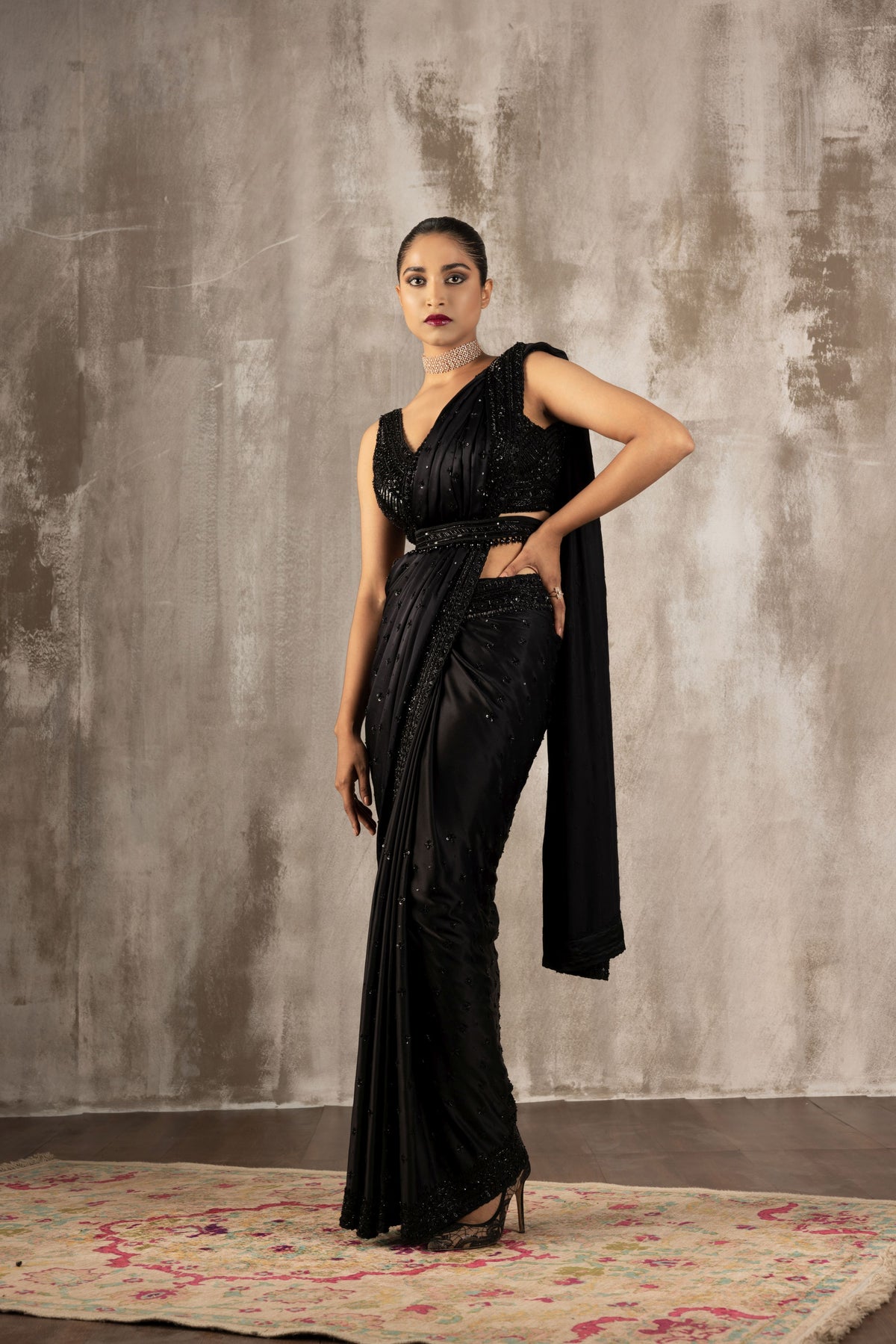 Black satin saree set