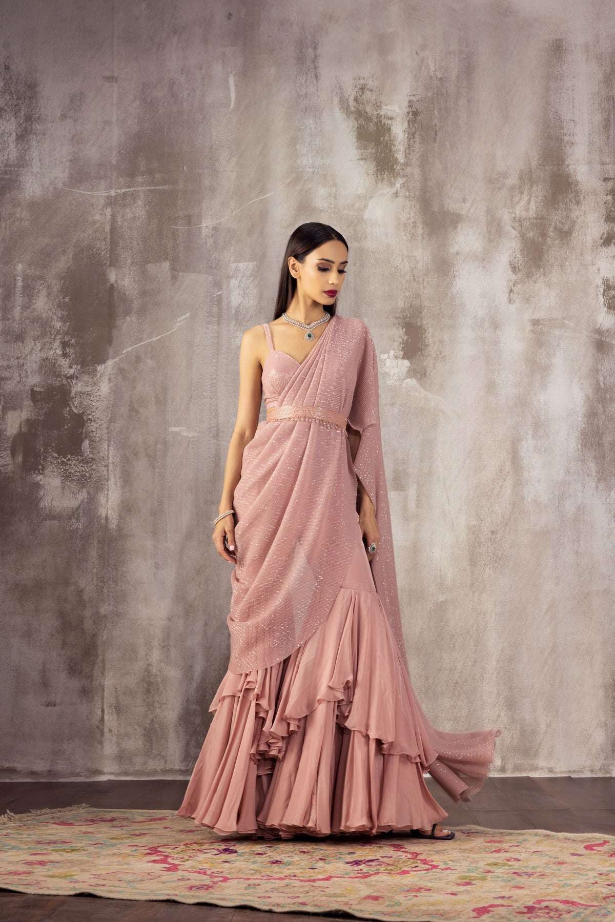 Baby Pink Draped Saree Sharara set