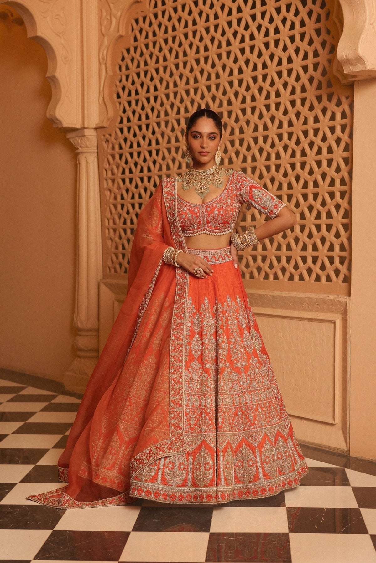 Faizah - Orange Lehenga with Blouse and Dupatta