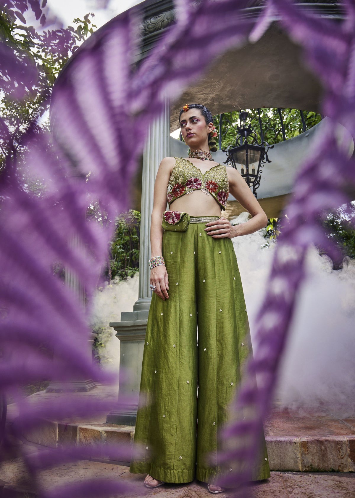 Embroidered Crop Top Paired with Flared Pant and Statement Bag