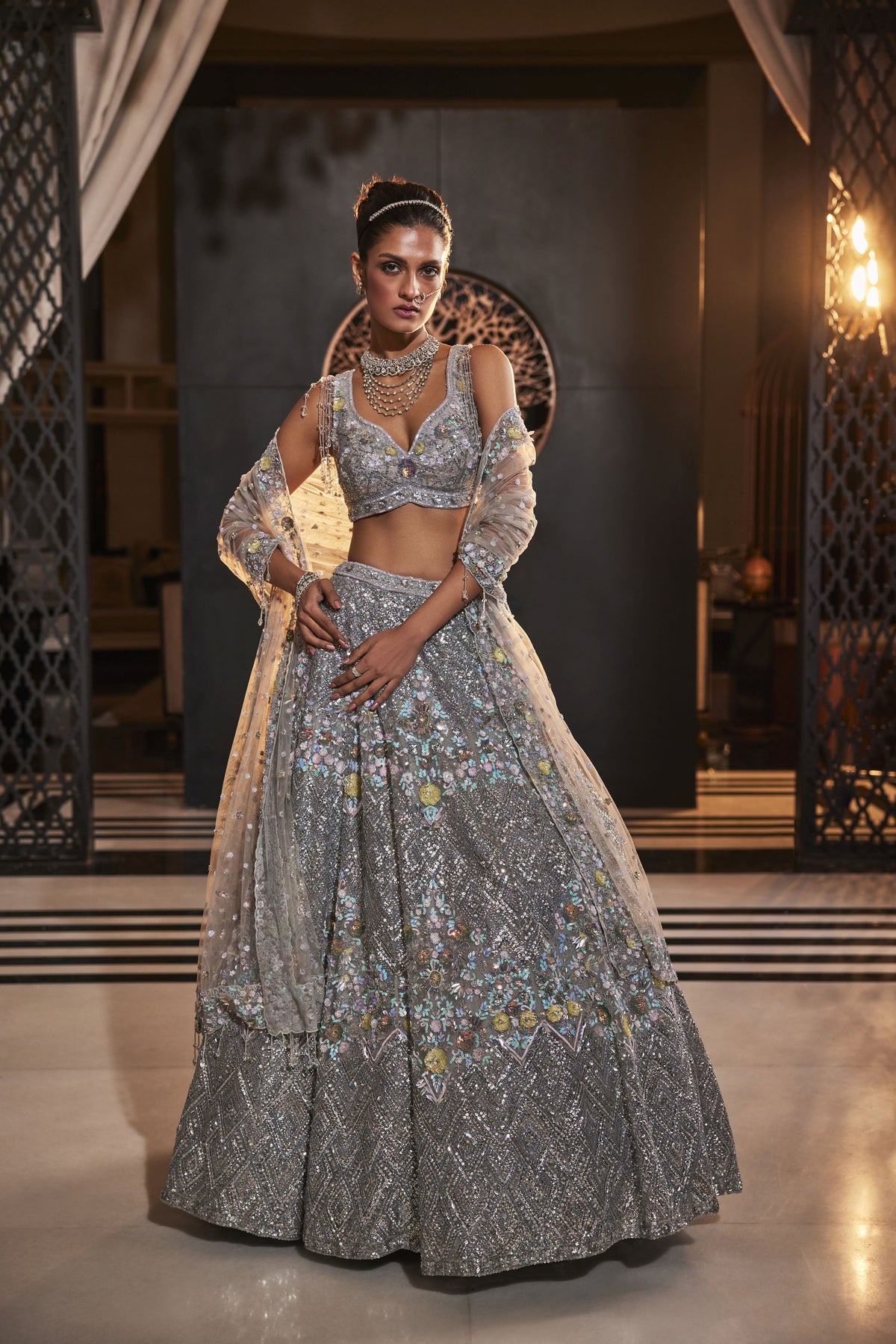 GREY EMBROIDERED ORGANZA SET