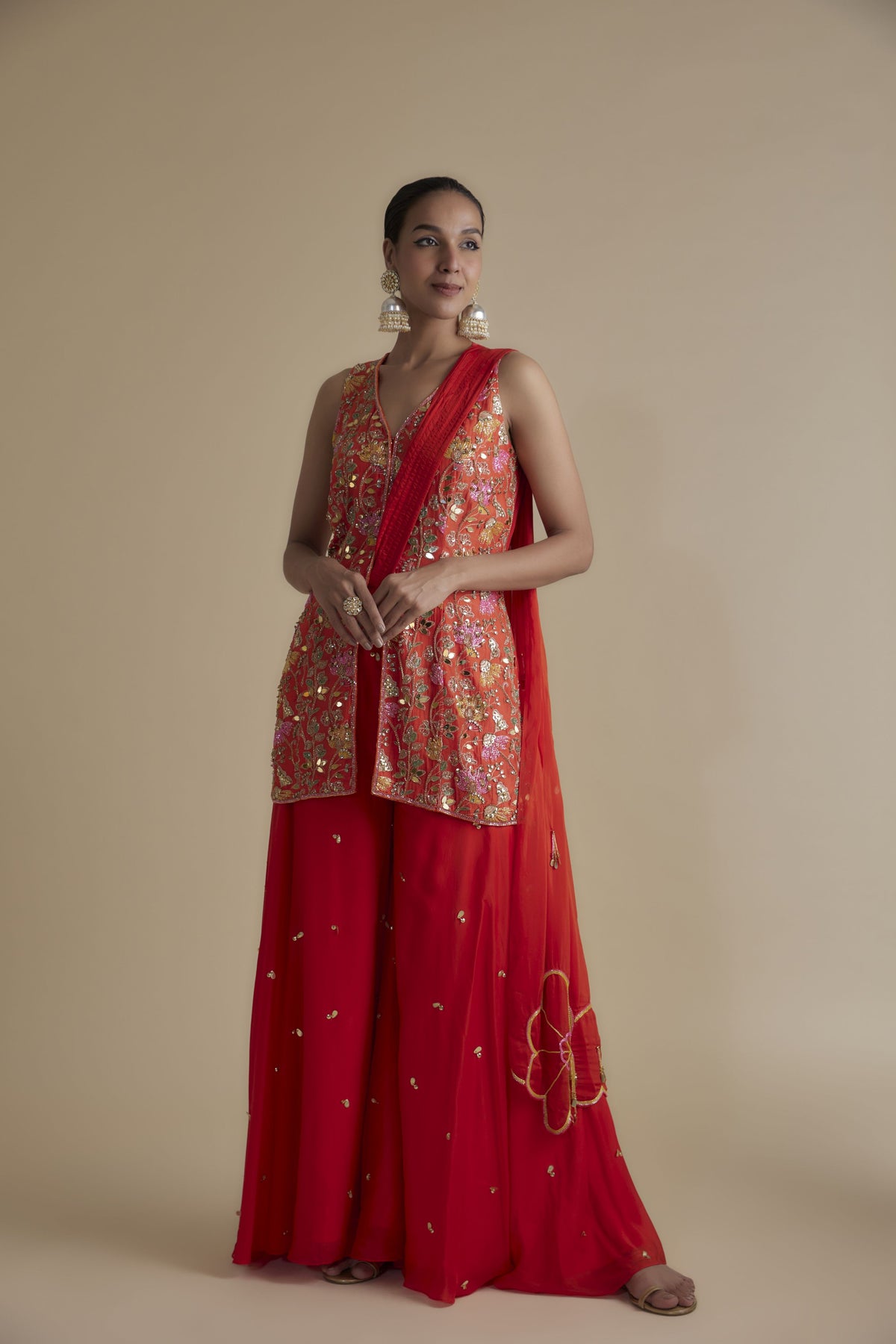 MULTI COLOR EMBELLISHED TUNIC & AN ATTACHED DRAPE DUPATTA PALAZZO SET