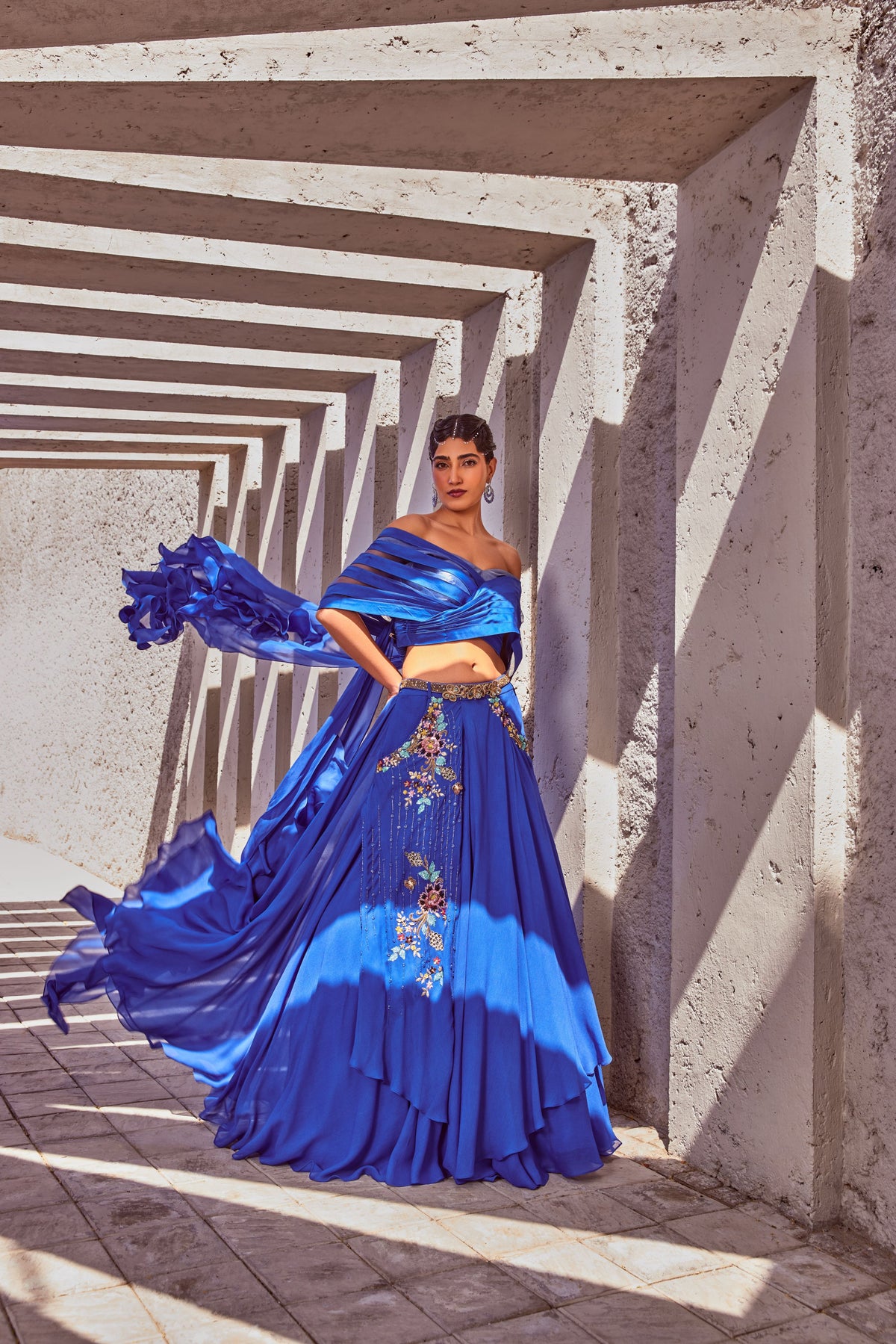 The blue floor length lehenga set