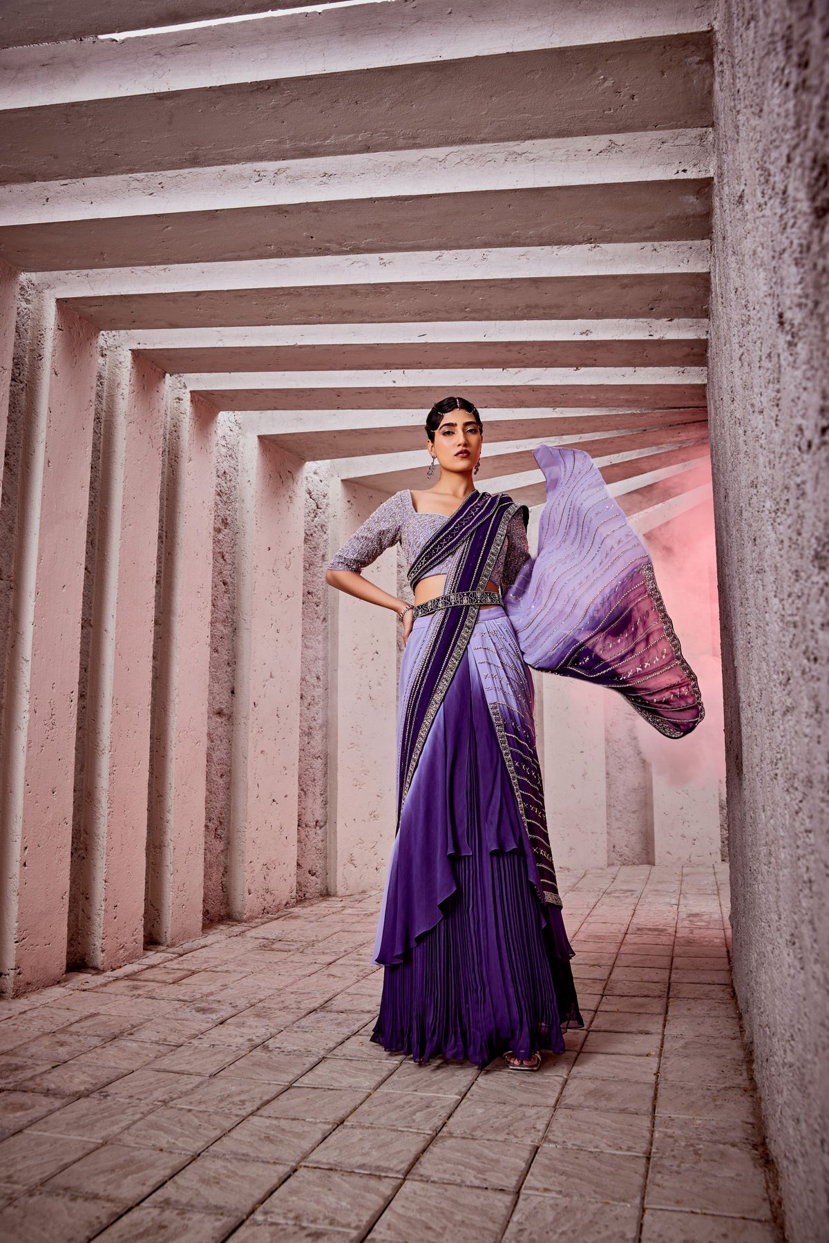 lahenga saree features a beautiful violet ombre color