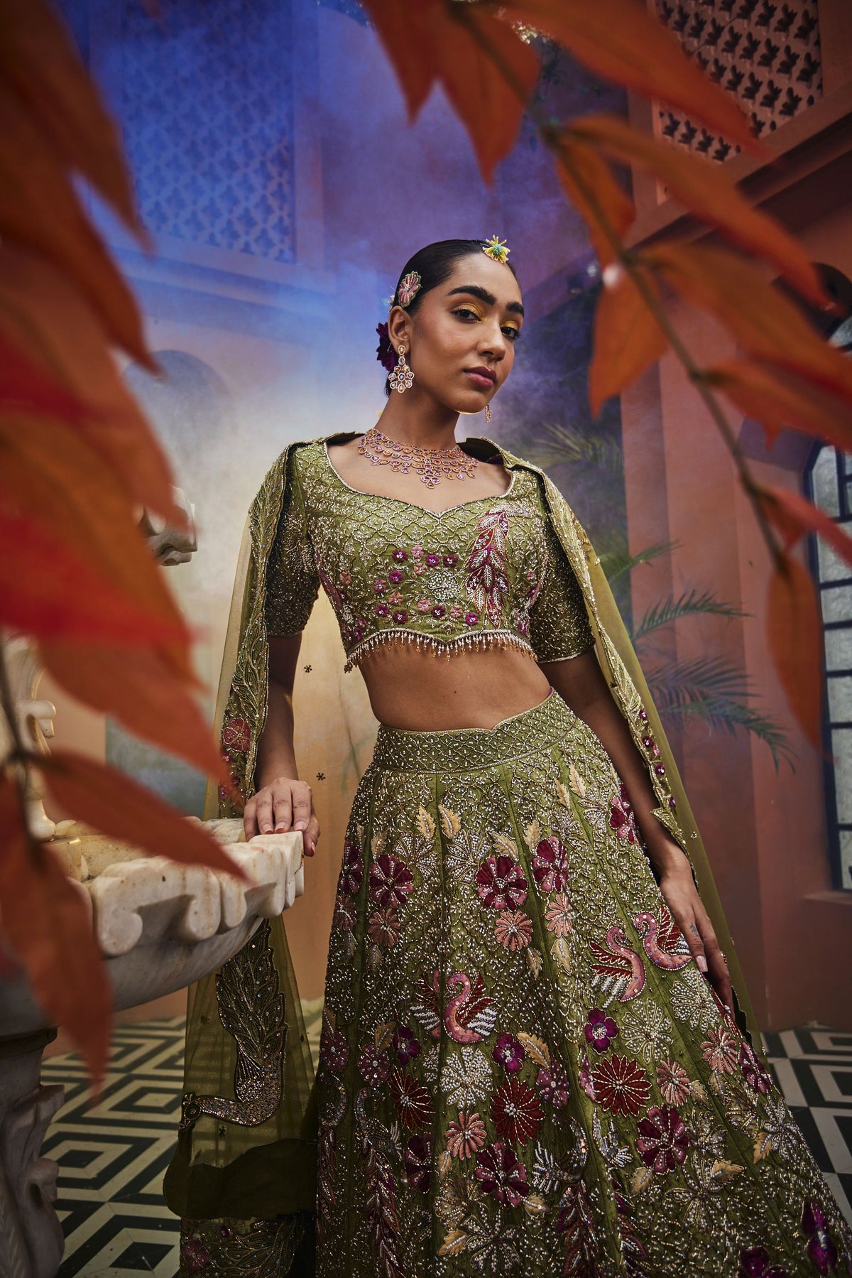 Embroidered Lehenga with Cutwork Blouse and Dupatta