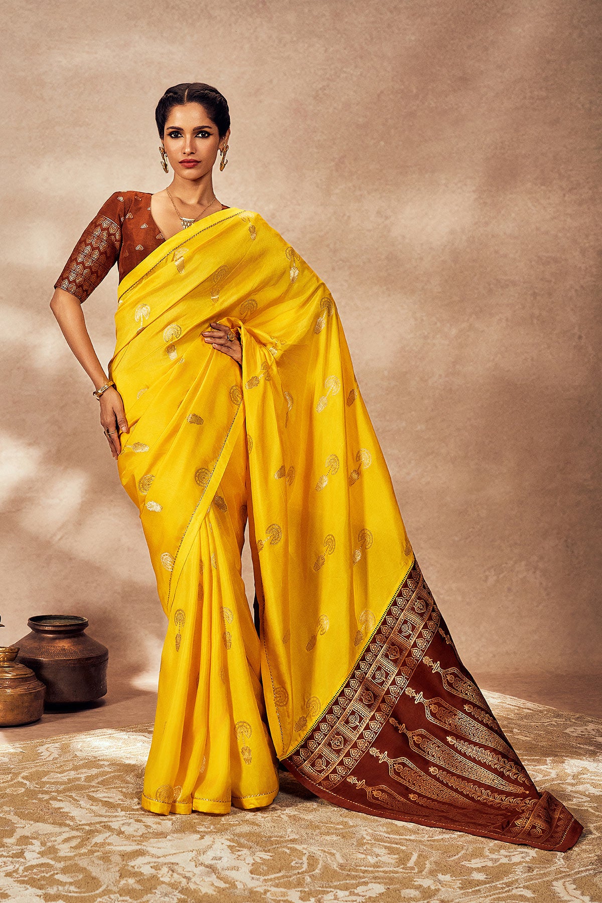 BROWN AND YELLOW JACQUARD SAREE