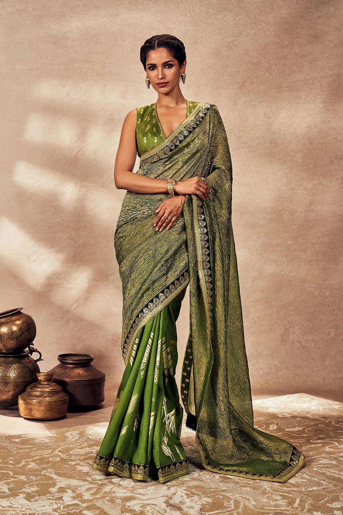 GREEN PALMBLOOMS TISSUE SAREE