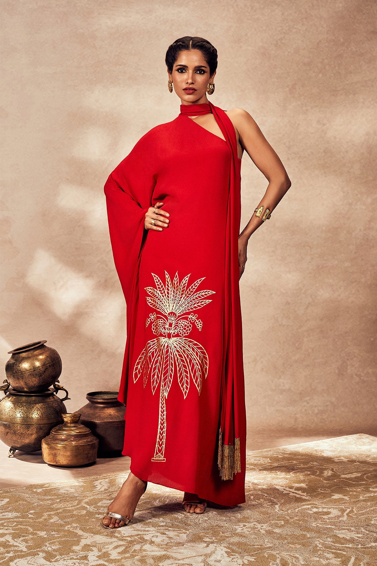 RED TROPICAL ONE SHOULDER KAFTAN