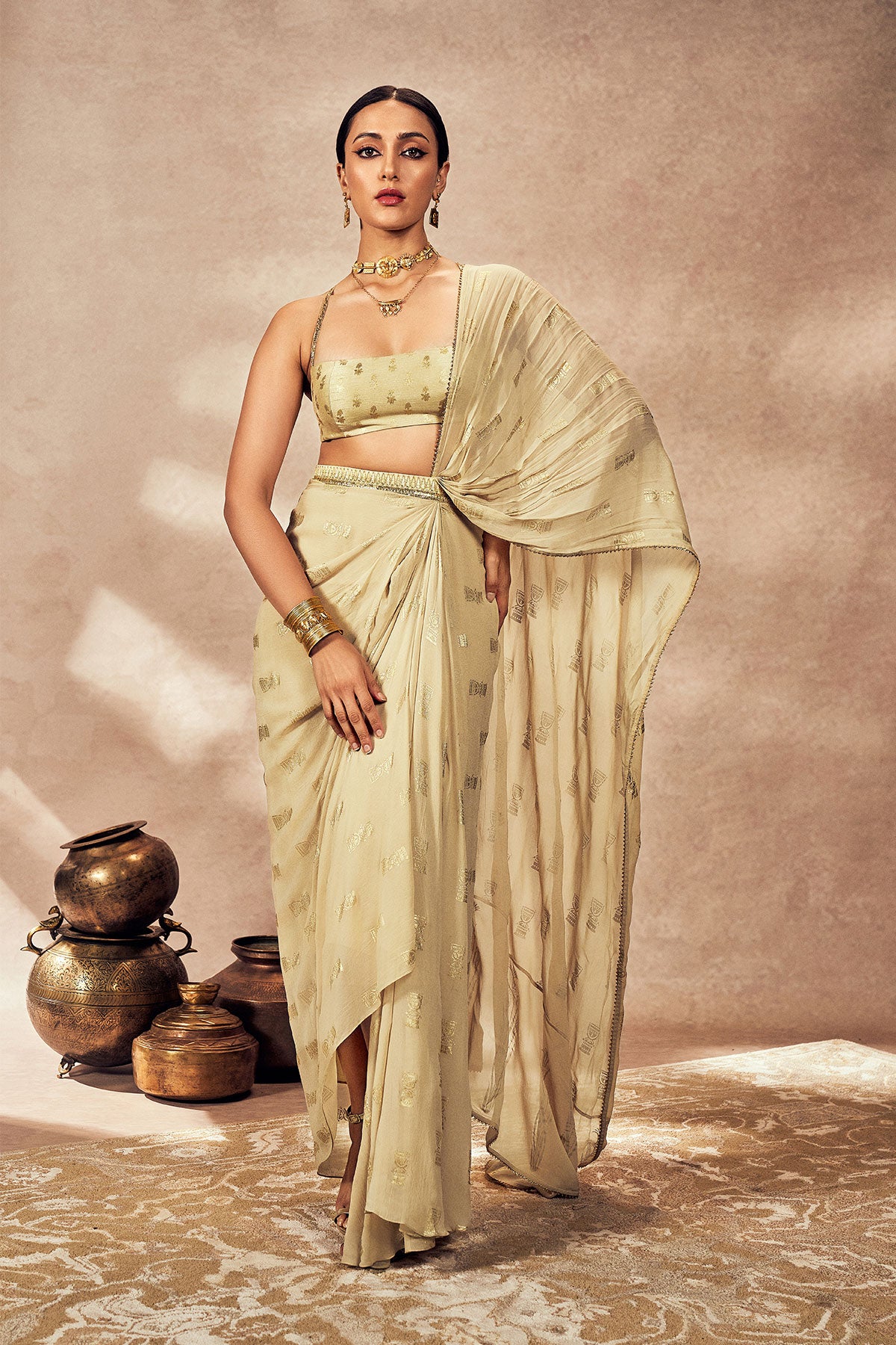 BEIGE TIMBER TRIBE DRAPE SAREE