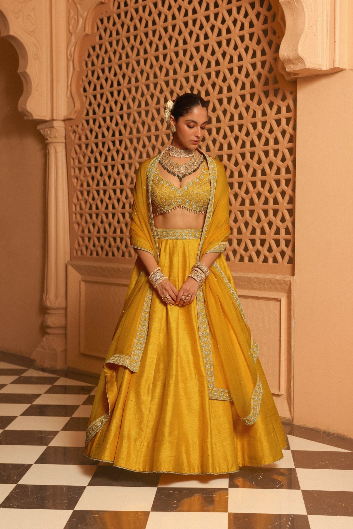 Mazhum - Mustard Lehenga with Blouse and Dupatta