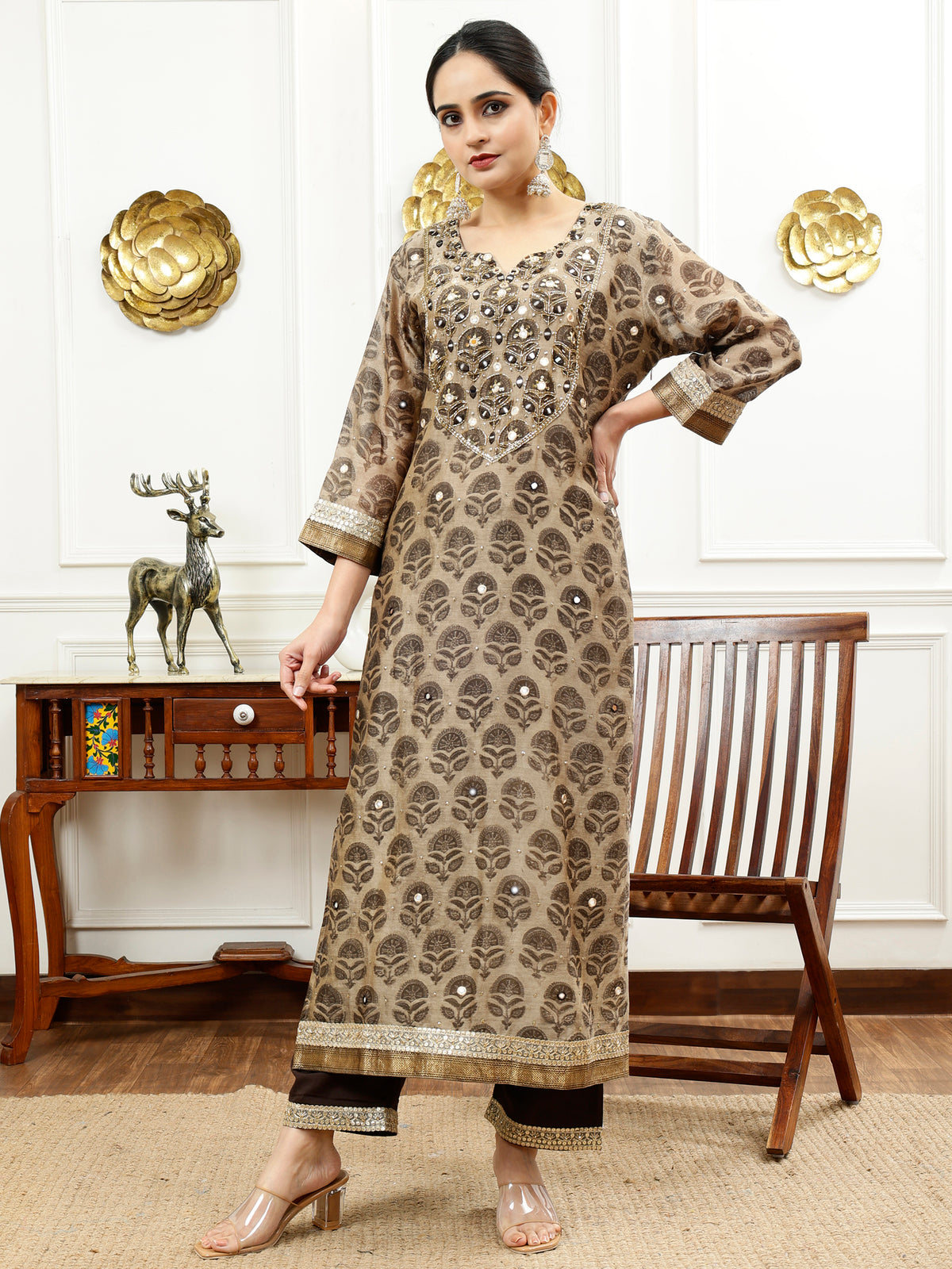 Brown Silk Kurta Set with Floral Motif