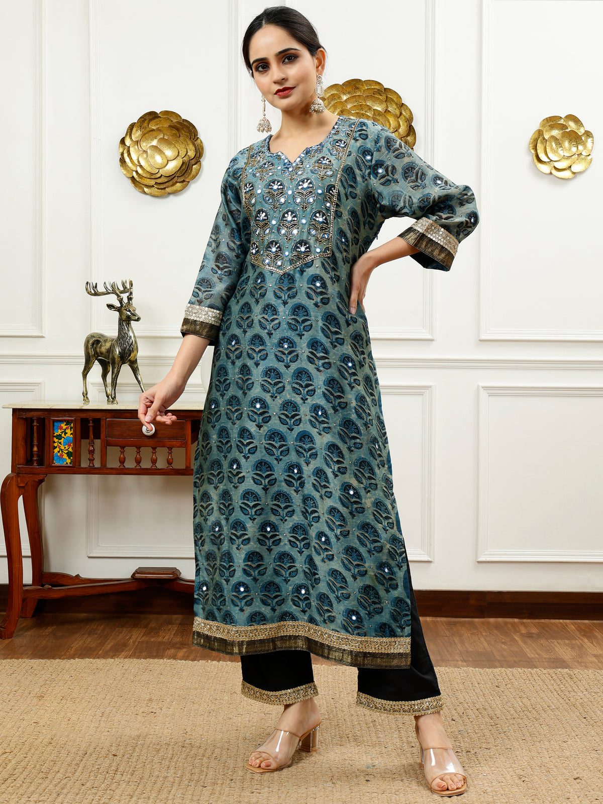 Blue Silk Kurta Set with Floral Block Print