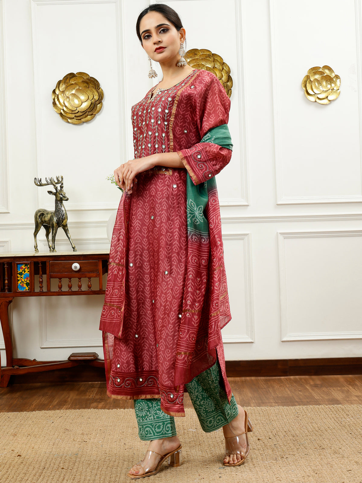 Burgundy Silk Kurta Set with Aqua Green Pants