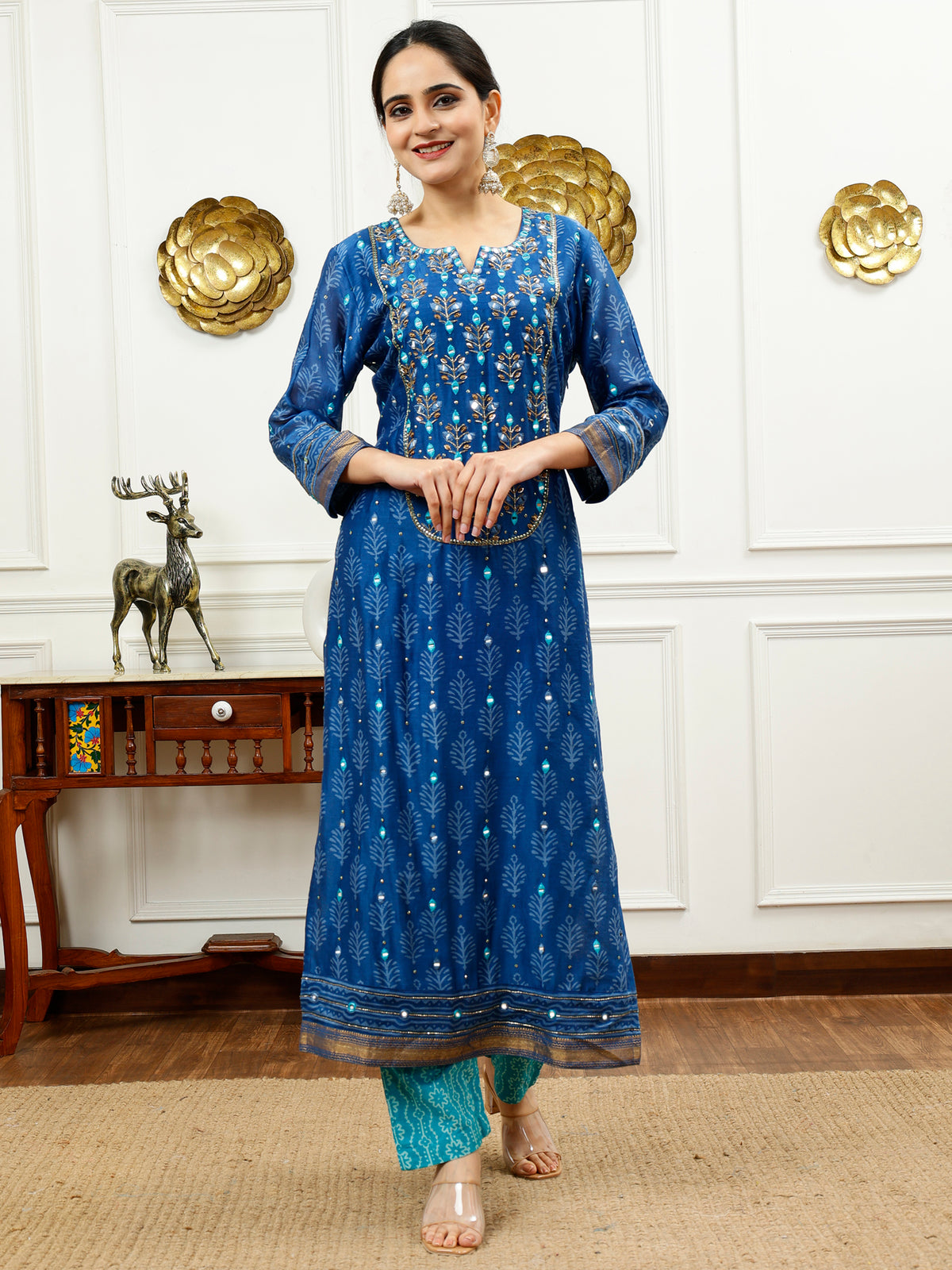 Blue Chanderi Silk Kurta Set with Aqua Blue Dupatta