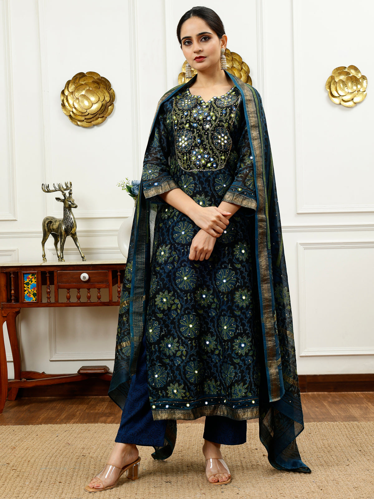 Blue Silk Kurta Set with Hand Block Motif