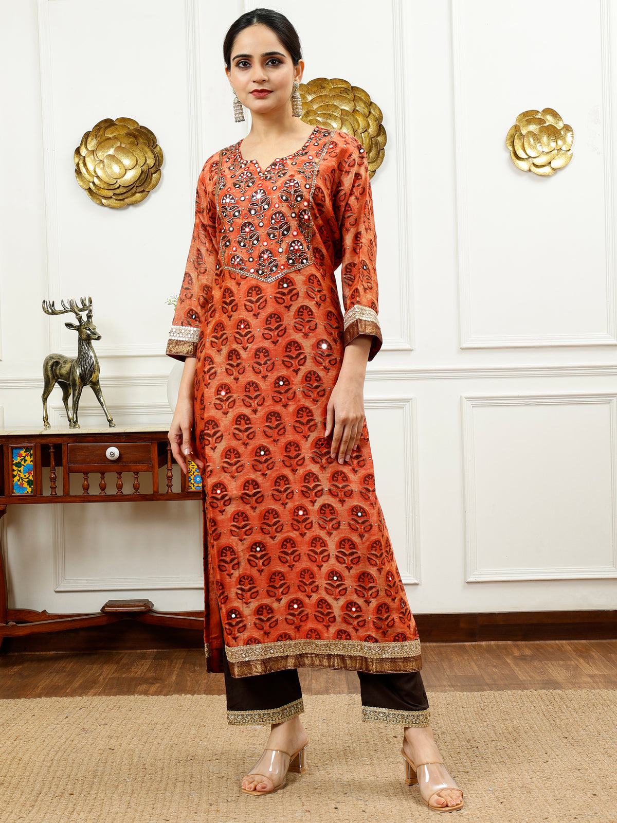 Burnt Orange Silk Kurta Set with Floral Block Print