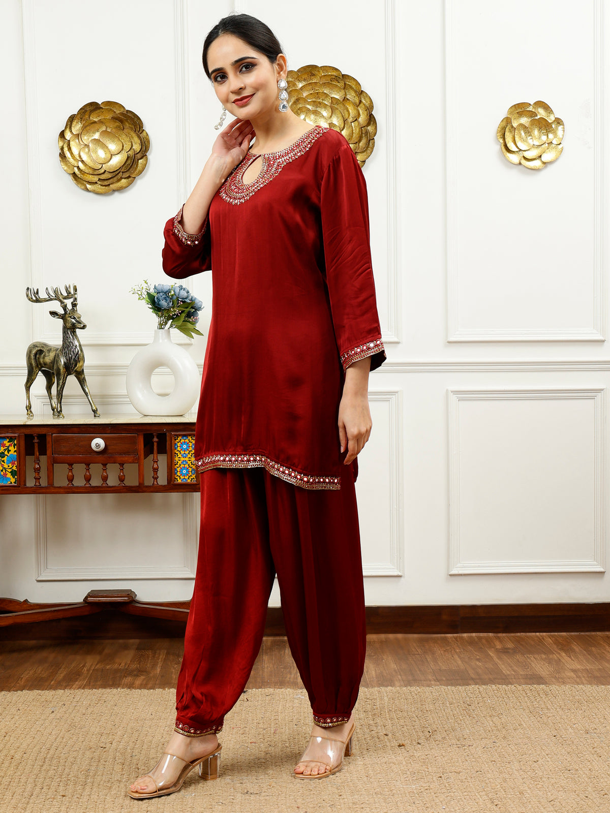 Silk Kurta Set with Hand Embroidered Scoop Neckline