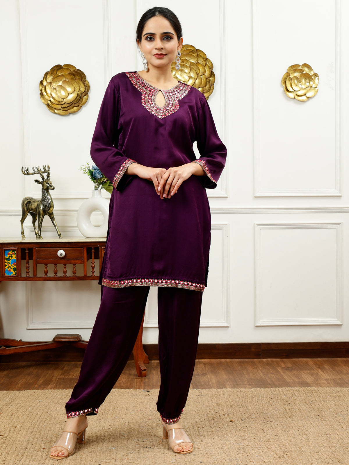 Purple Silk Kurta Set with Hand Embroidered Scoop Neck