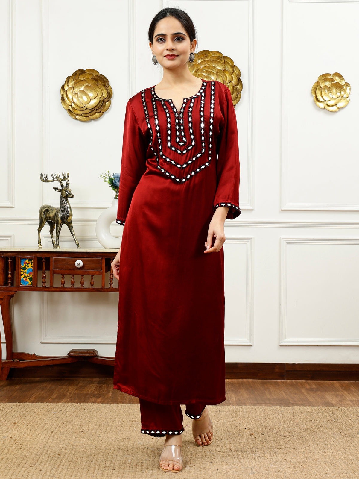 Silk Kurta & Rust Pants Set with Hand Embroidered