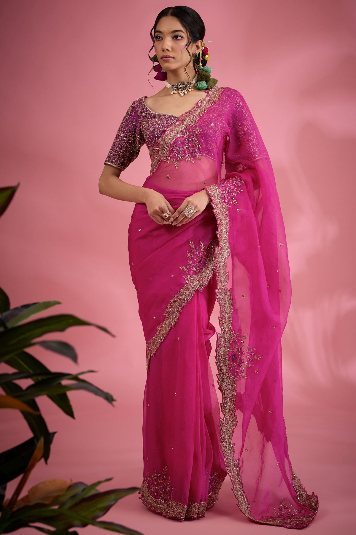 A Saree Featuring Cutwork and Embroidered Border Paired with Blouse.