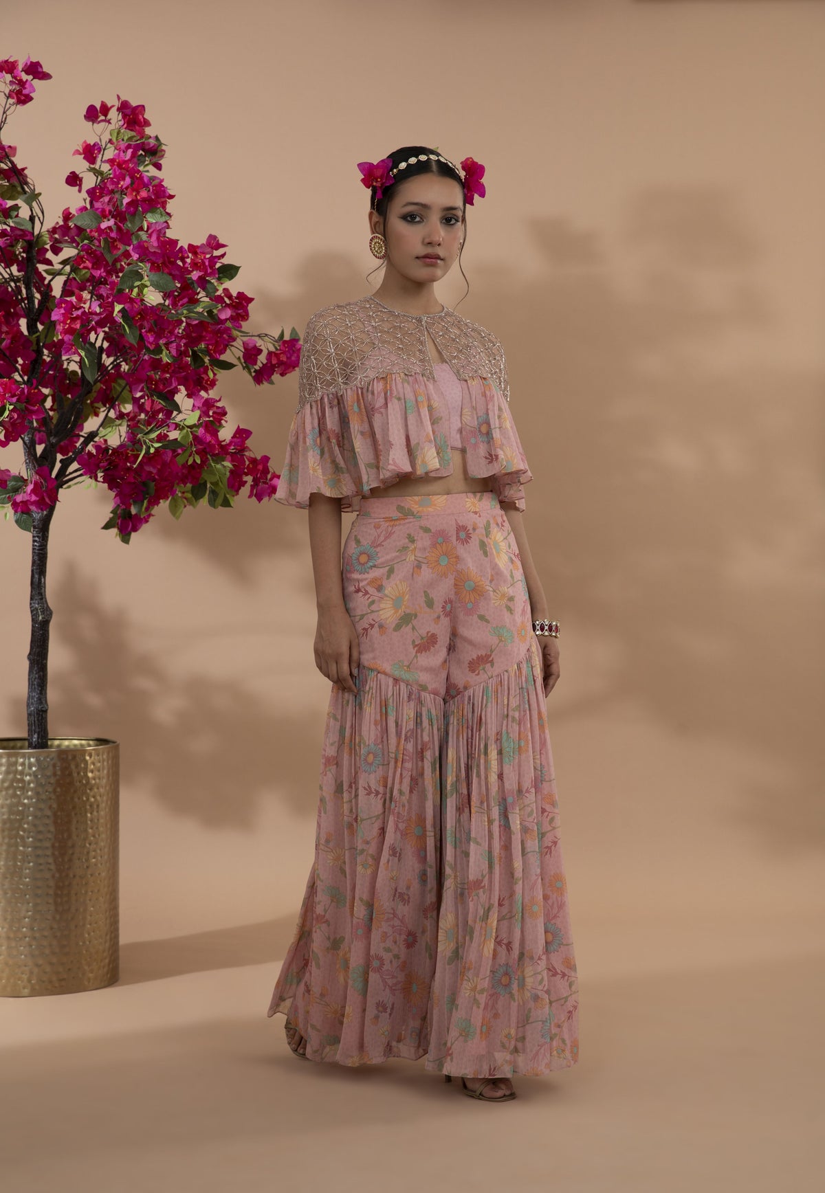 Dusty rose floral printed garara pants with crop top and cape