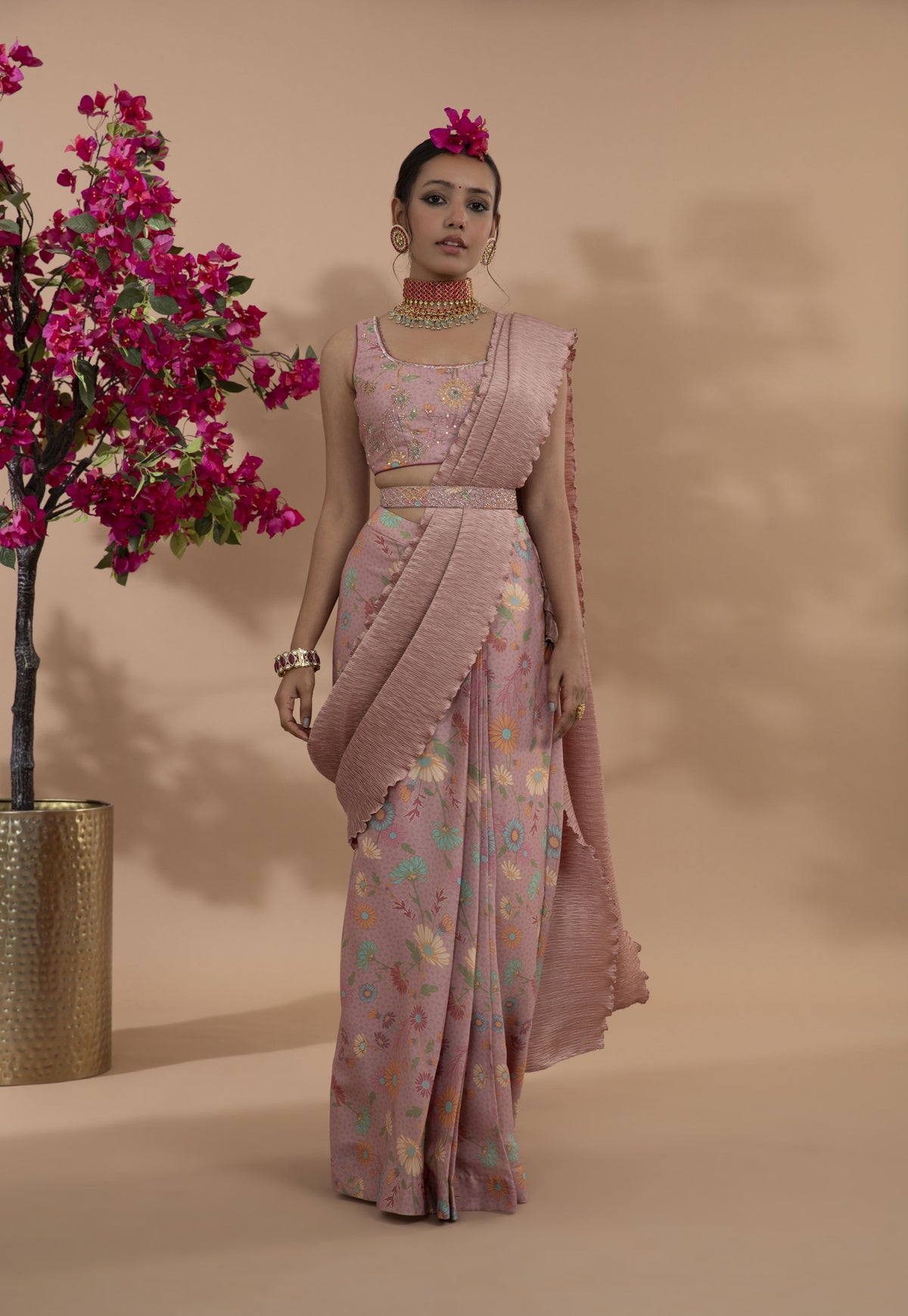 Dusty rose pre-draped saree set with belt