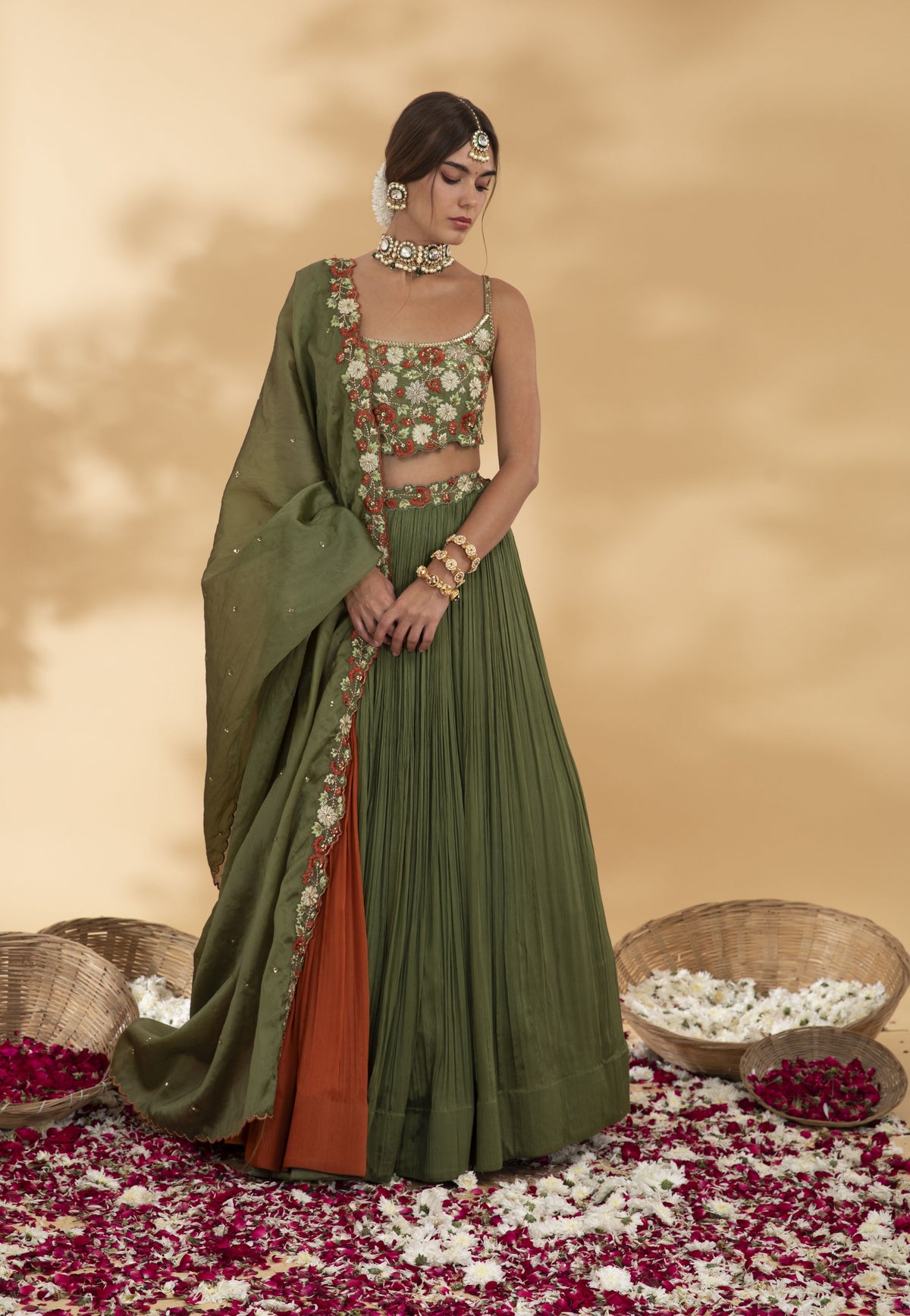 Juniper green and rust lehennga set with dupatta