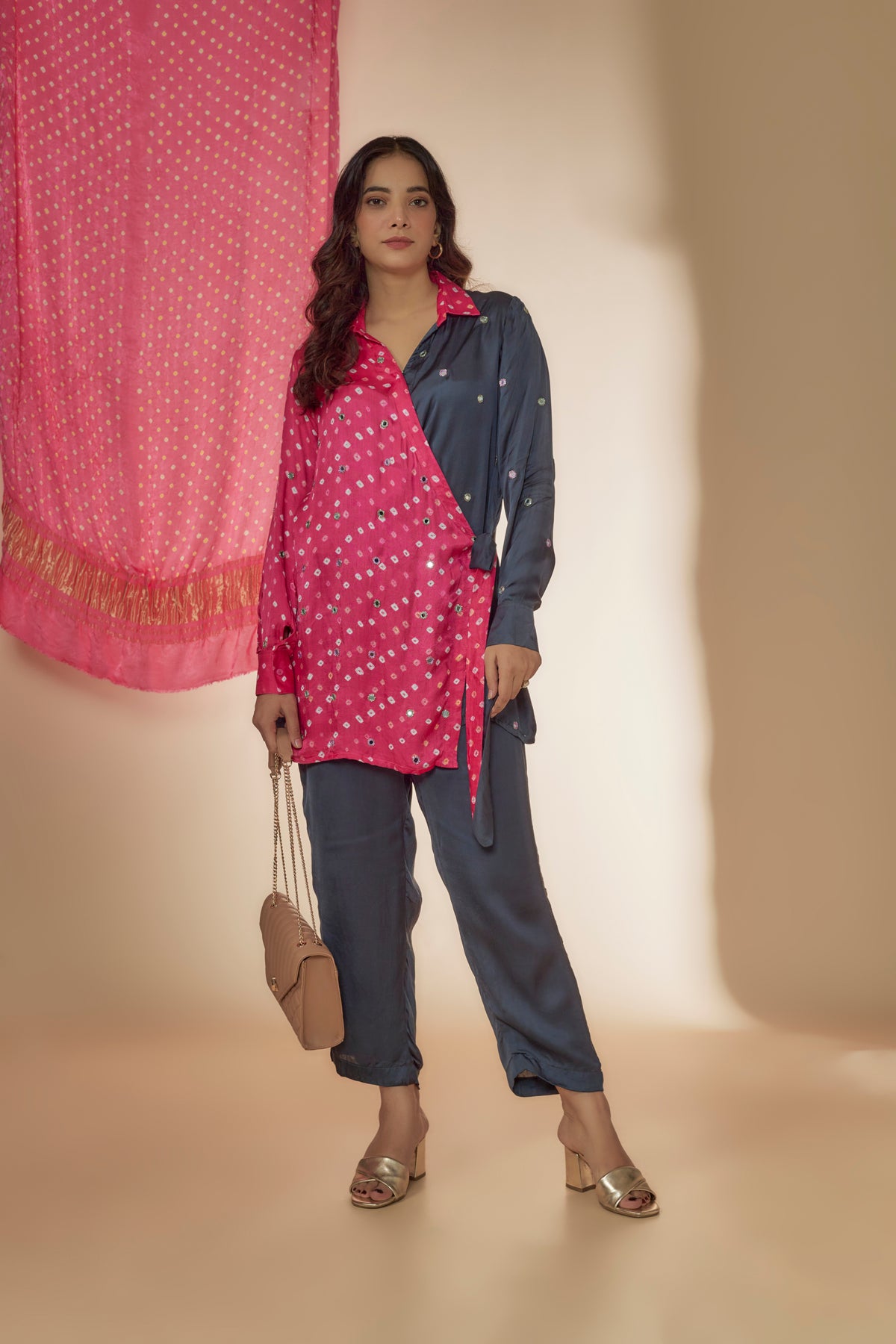 Pink Bandhani Silk Top and Grey Pant Set