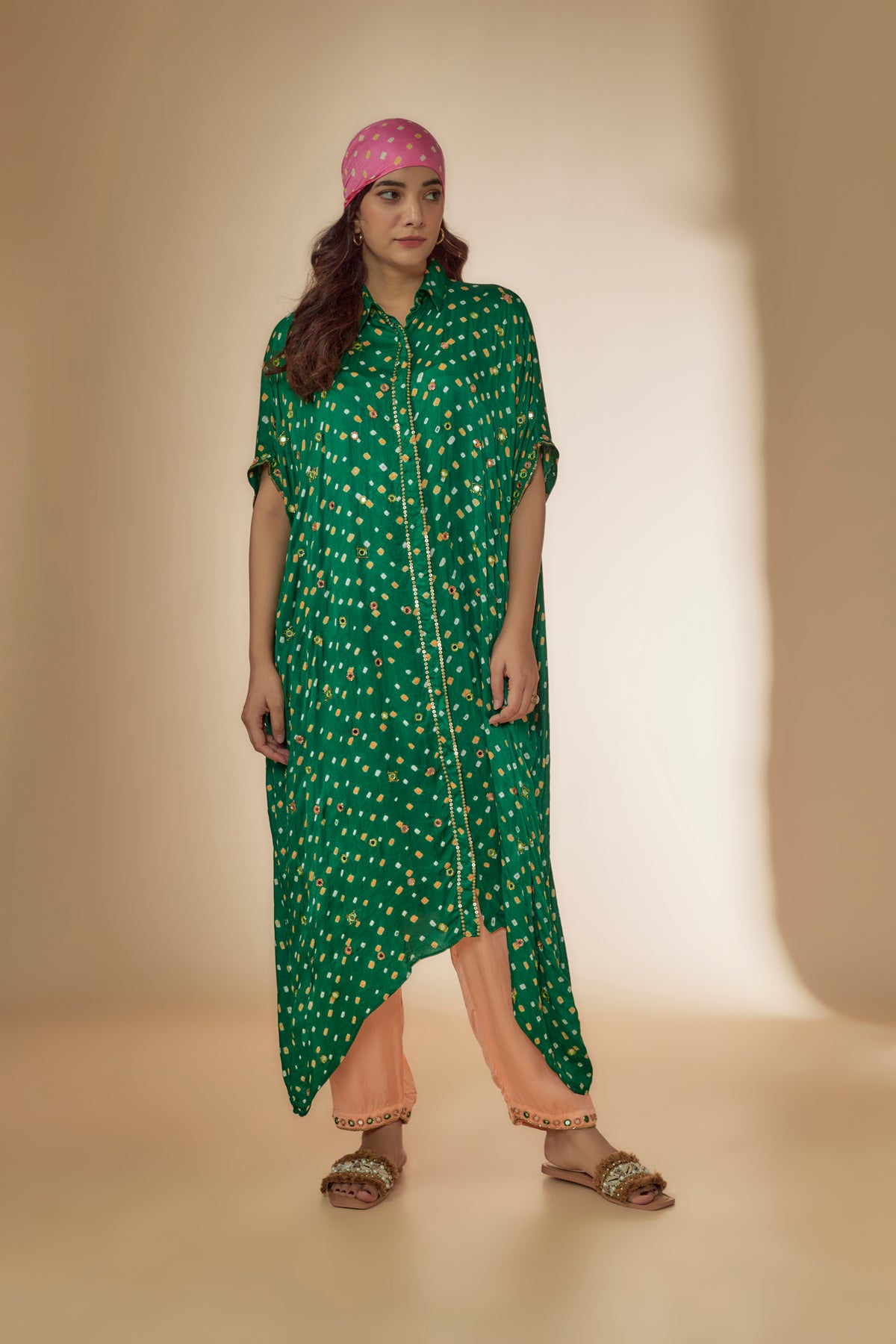 Bandhani Silk Kaftan Kurta Set